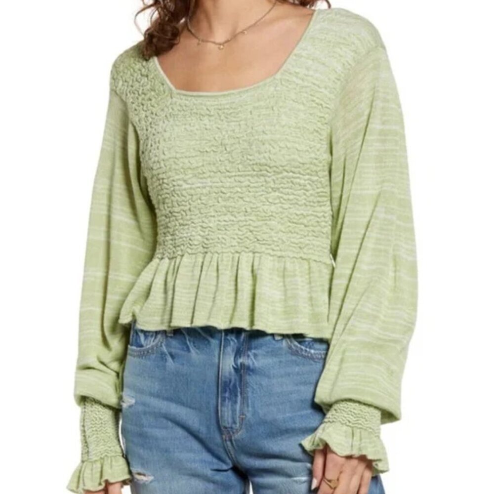 Free People Free Spirit Smocked Knit Peplum Sweater Crop Top, Seafoam Green, S - Picture 12 of 12